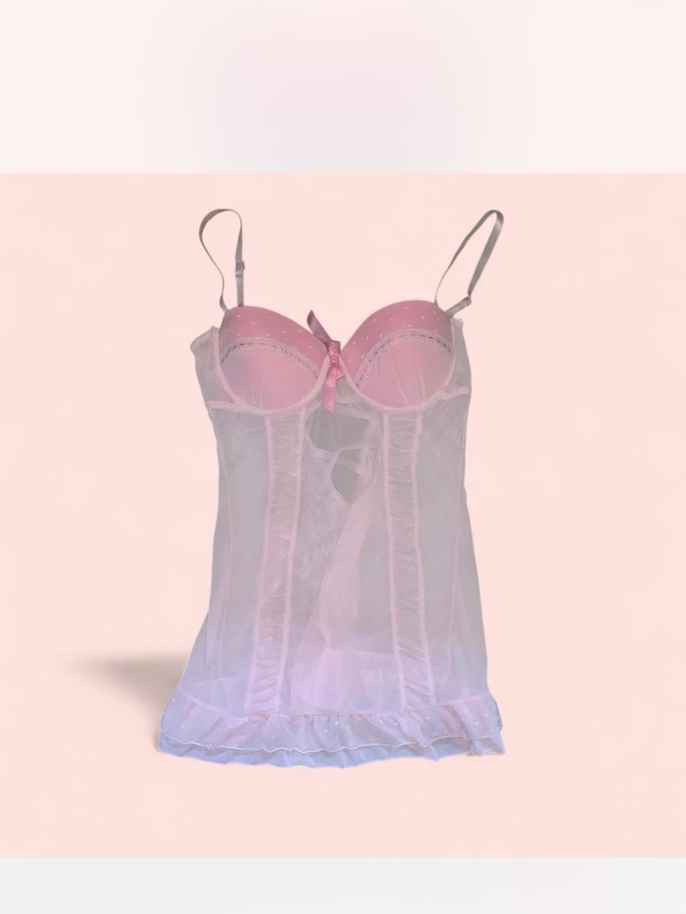 Delicate Pink Sheer Babydoll Chemise with Bow - Unbranded